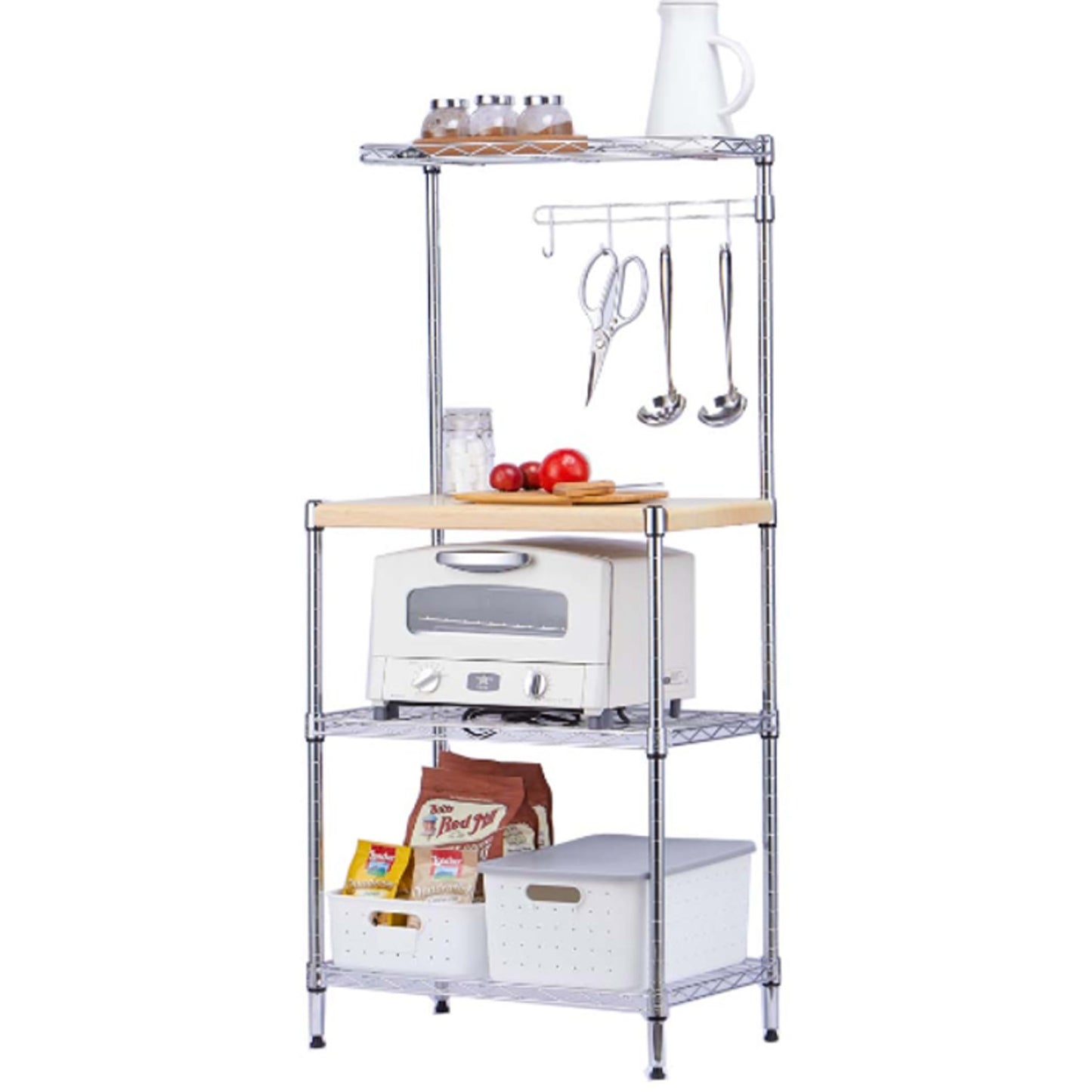 Chrome 4-Tier Kitchen Storage Rack with Wooden Countertop 550x350x1200mm
