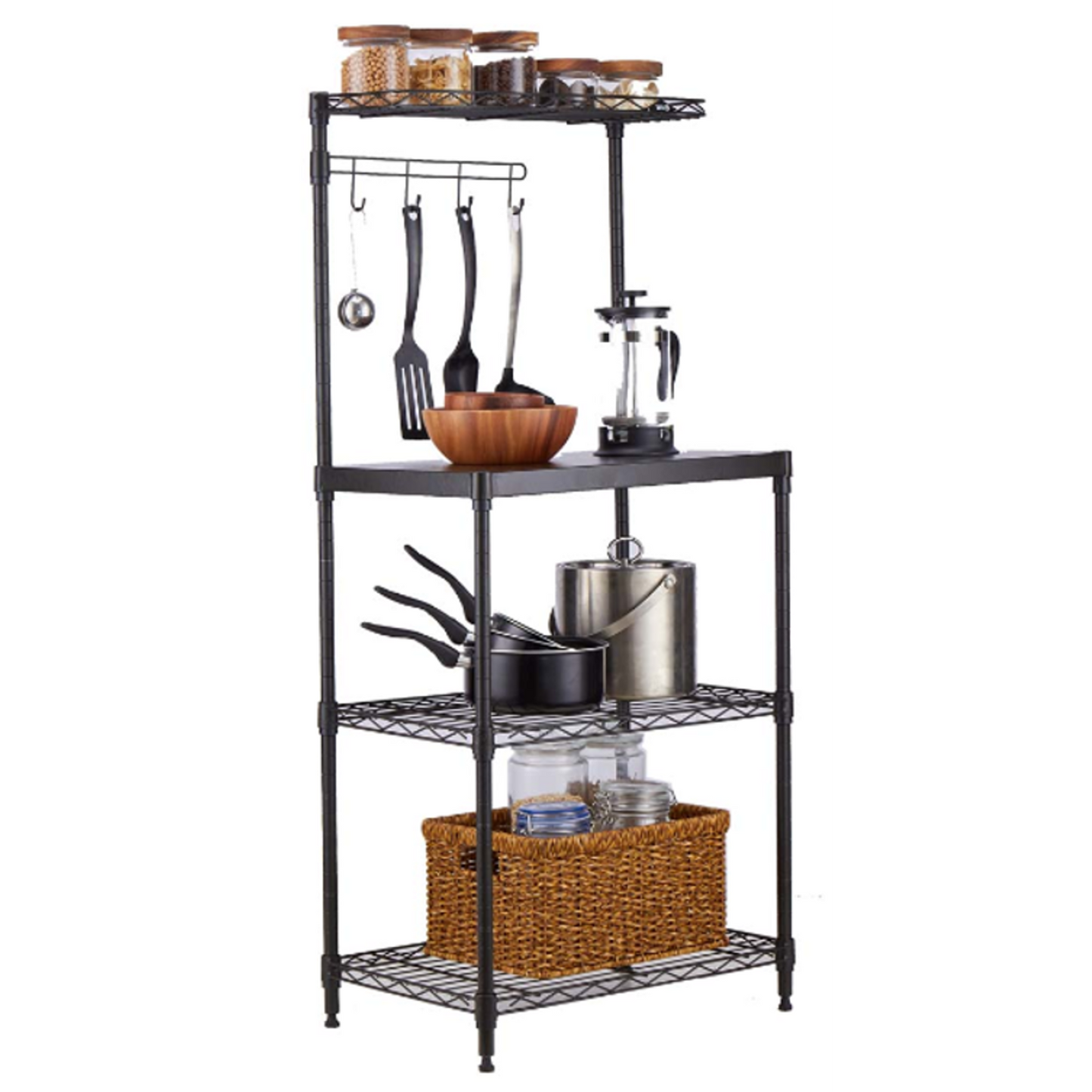 Black 4-Tier Kitchen Storage Rack with Wooden Countertop 550x350x1200mm