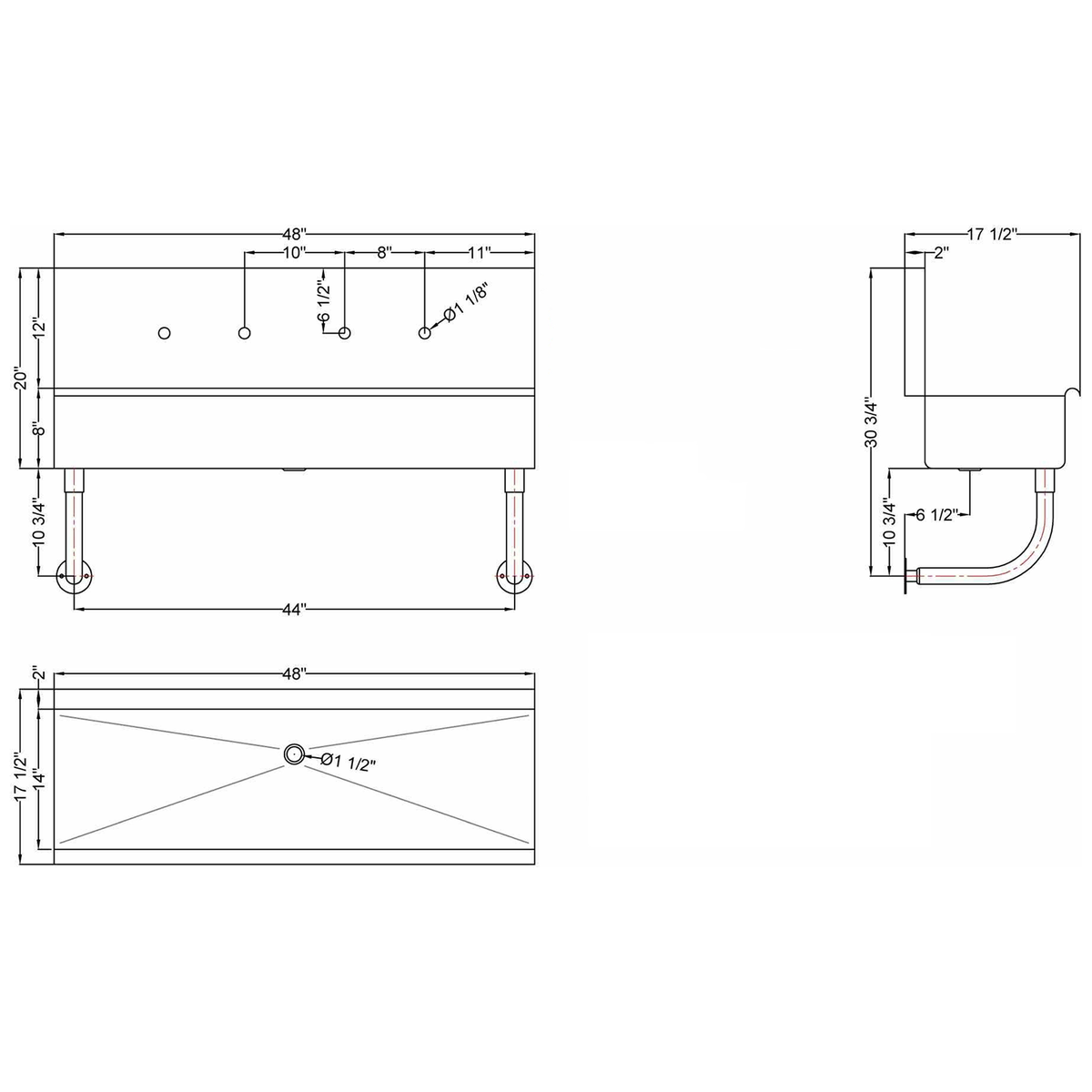 Multi-Station Hand Sink for 2 faucets Back splash Stainless steel - MSHS1748