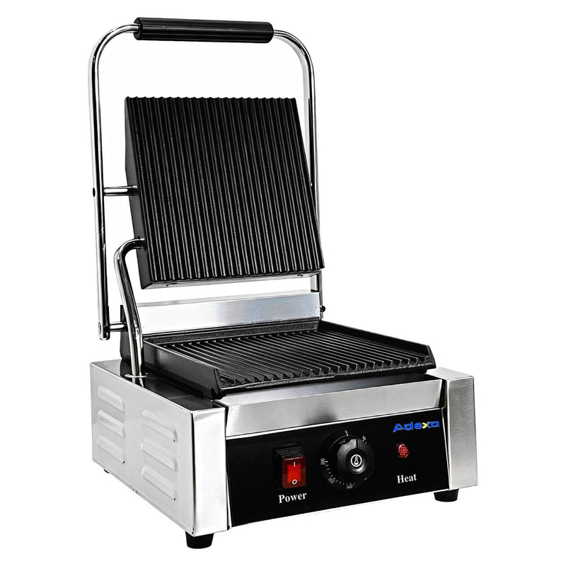 Commercial Electric Contact Grill / Panini Press Ribbed Plates 240x240mm 1.8kW - NEXORA102