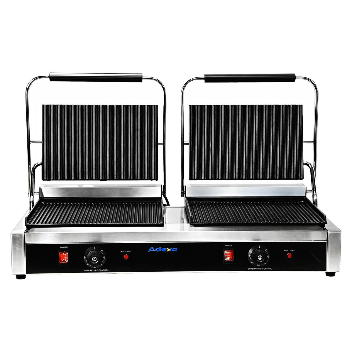 Commercial Double Contact Grill / Panini Press Ribbed Plates 2x 345x235mm 4.4kW - NEXORA112