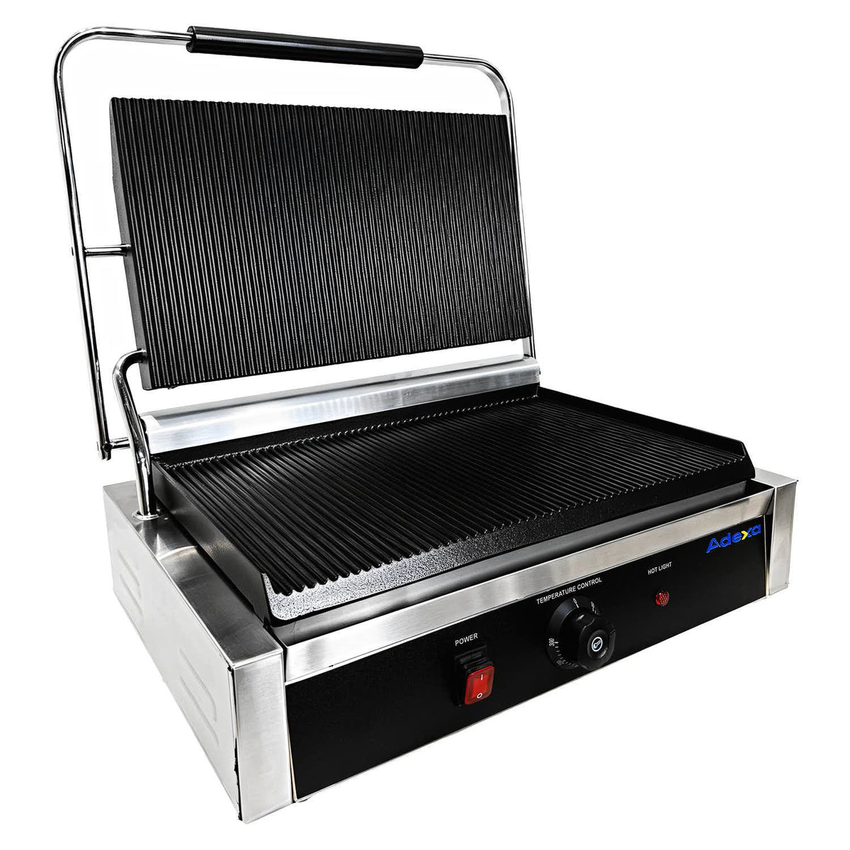 Commercial Electric Contact Grill / Panini Press Oversized Ribbed Plates 470x358mm 2.8kW - NEXORA116