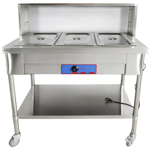 Mobile Bain Marie Food Warmer Table with Overshelf 3×GN1/1 Stainless Steel 1150×680×1350mm - PFD12070