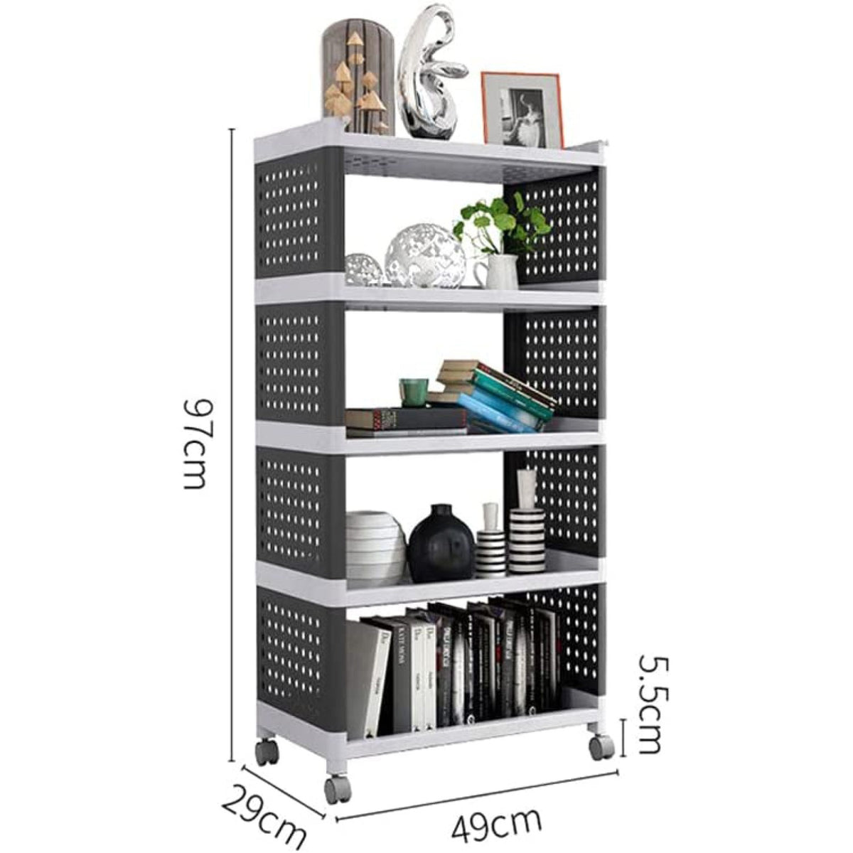 Mobile Plastic Shelving Unit 5 tier Black & Grey 490x290x970mm - PP5