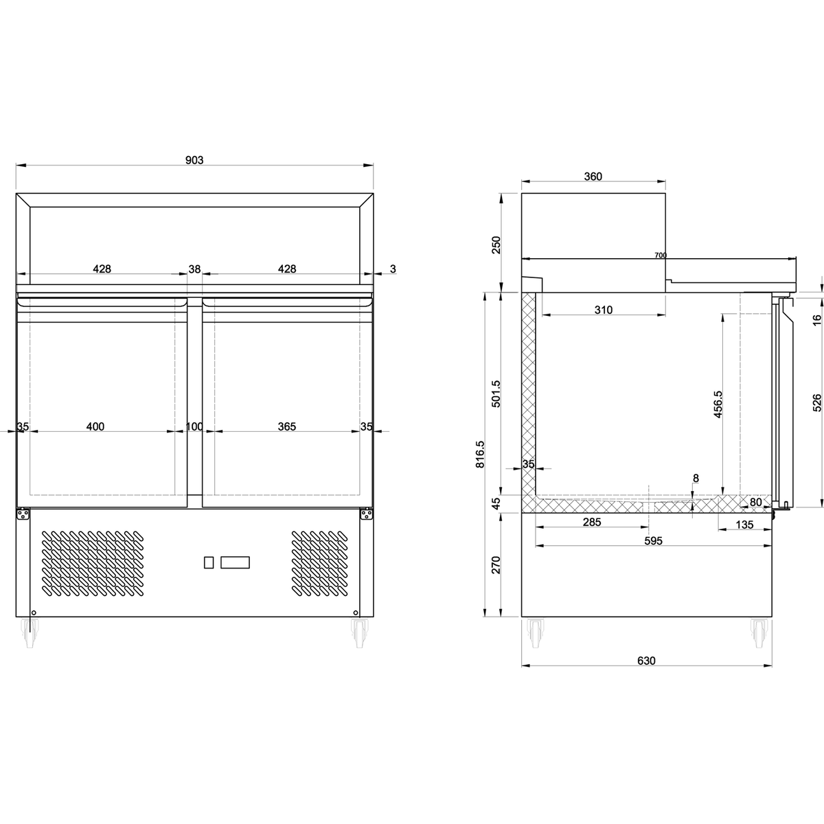 Pizza Prep Table 2 doors Stainless steel Pizza top 5xGN1/6 Depth 700mm - PZ22
