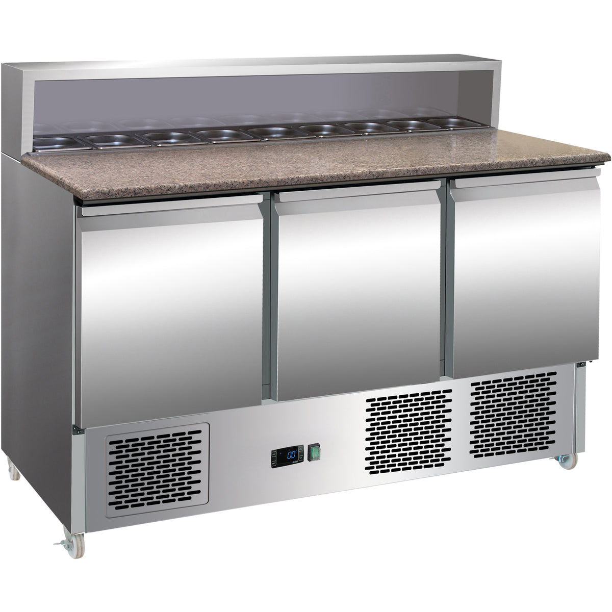 Pizza Prep Table 3 doors Stainless steel Pizza top 8xGN1/6 Depth 700mm - PZ33