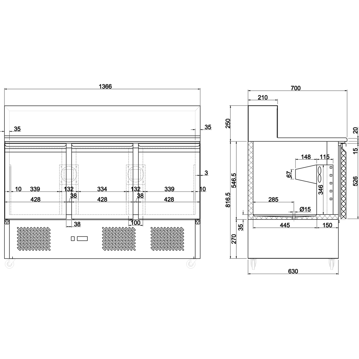 Pizza Prep Table 3 doors Stainless steel Pizza top 8xGN1/6 Depth 700mm - PZ33