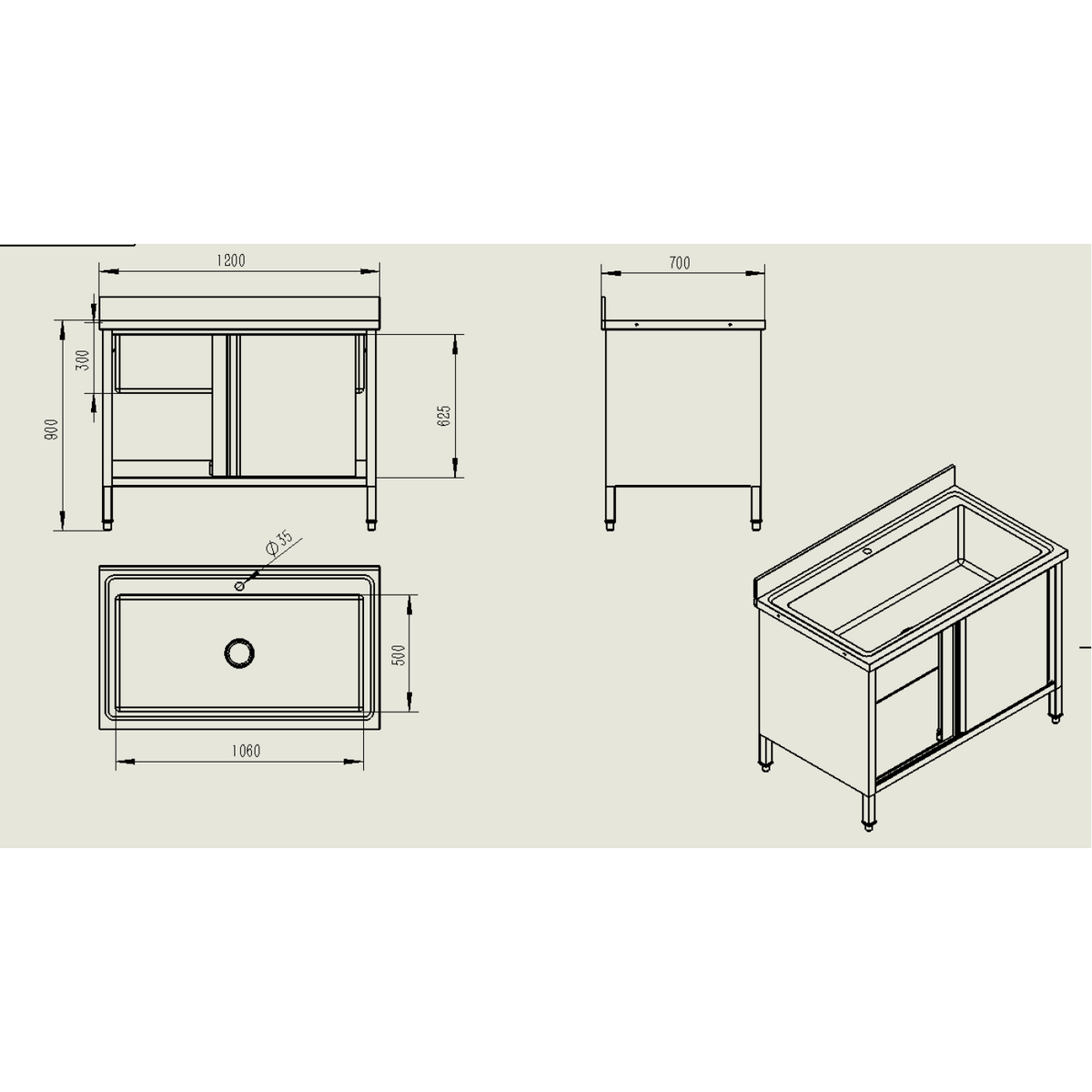 Commercial Pot Wash Sink Stainless steel 1 bowl Splashback 2 Doors 1200mm Depth 700mm - PSD120702D