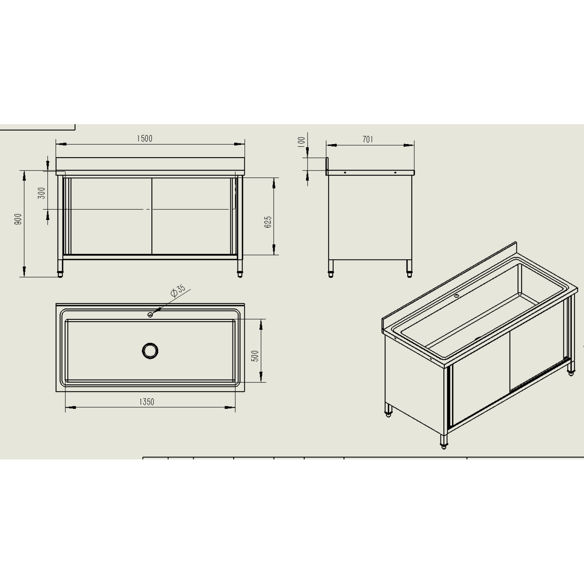 Commercial Pot Wash Sink Stainless steel 1 bowl Splashback 2 Doors 1500mm Depth 700mm - PSD150702D