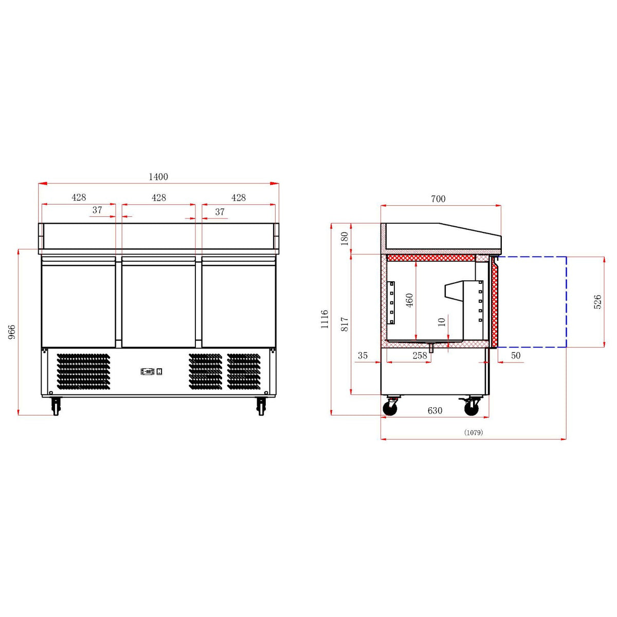 Pizza Counter 3 Doors Refrigerated Counter Depth 700mm - PZ14