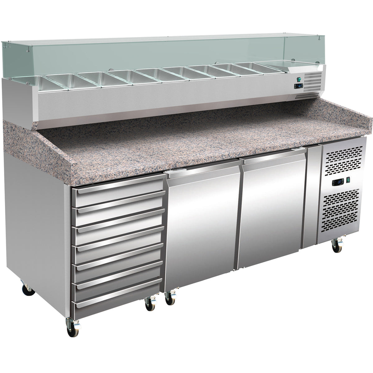 Pizza Prep Counter 2 doors 7 drawers Granite top Refrigerated Counter top display 10xGN1/4 Depth 800mm | PZ46+PT46 - PZ46-PT46