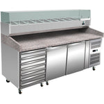 Pizza Prep Counter 2 doors 7 drawers Granite top Refrigerated Counter top display 10xGN1/4 Depth 800mm | PZ46+PT46 - PZ46-PT46