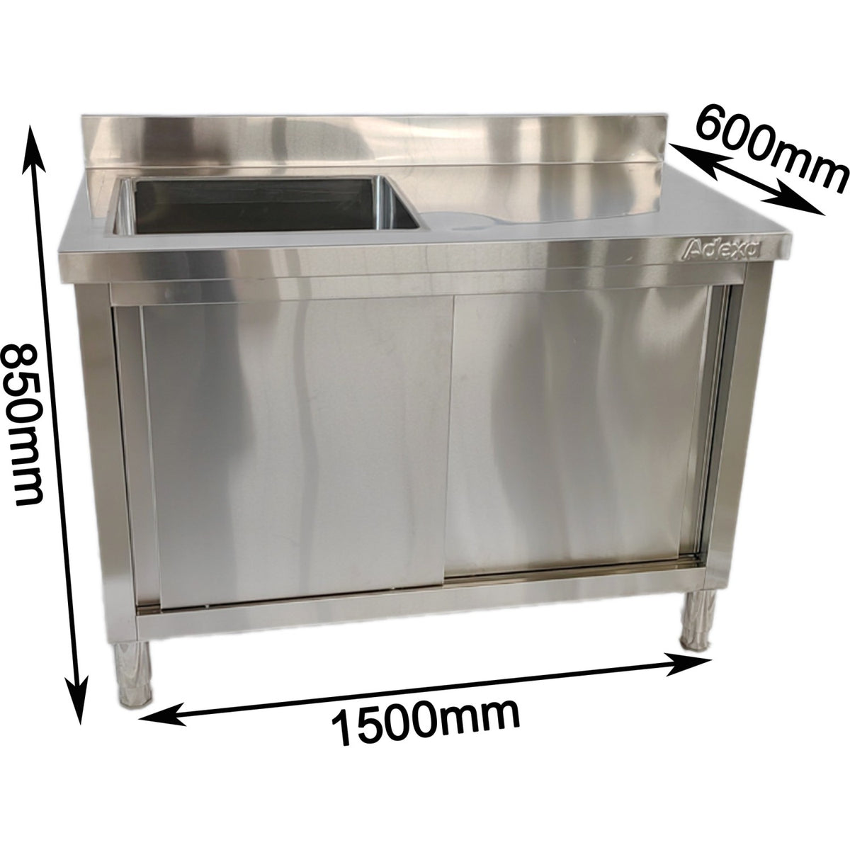 Commercial Stainless Steel Sink with Cupboard & Splashback 1 Bowl Left Side 1500x600x850mm - QNH1006