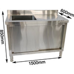 Commercial Stainless Steel Sink with Cupboard & Splashback 1 Bowl Left Side 1500x600x850mm - QNH1006