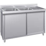 Commercial Stainless Steel Sink with Cupboard & Splashback 2 Bowls Left Side 1500x600x850mm - QNH1008