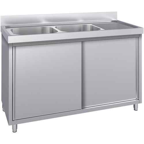 Commercial Stainless Steel Sink with Cupboard & Splashback 2 Bowls Left Side 1500x600x850mm - QNH1008