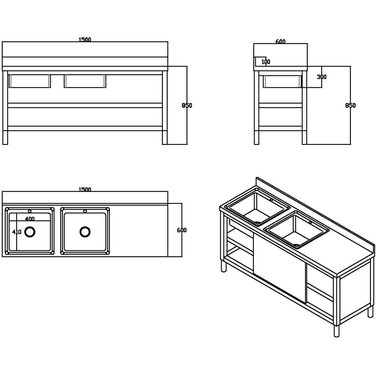 Commercial Stainless Steel Sink with Cupboard & Splashback 2 Bowls Left Side 1500x600x850mm - QNH1008