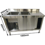 Commercial Stainless Steel Sink with Cupboard & Splashback 2 Bowls Left Side 1500x600x850mm - QNH1008