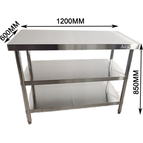 Commercial 3-Tier Stainless Steel Work Table with Undershelves 1200x600x850mm - QNH1104