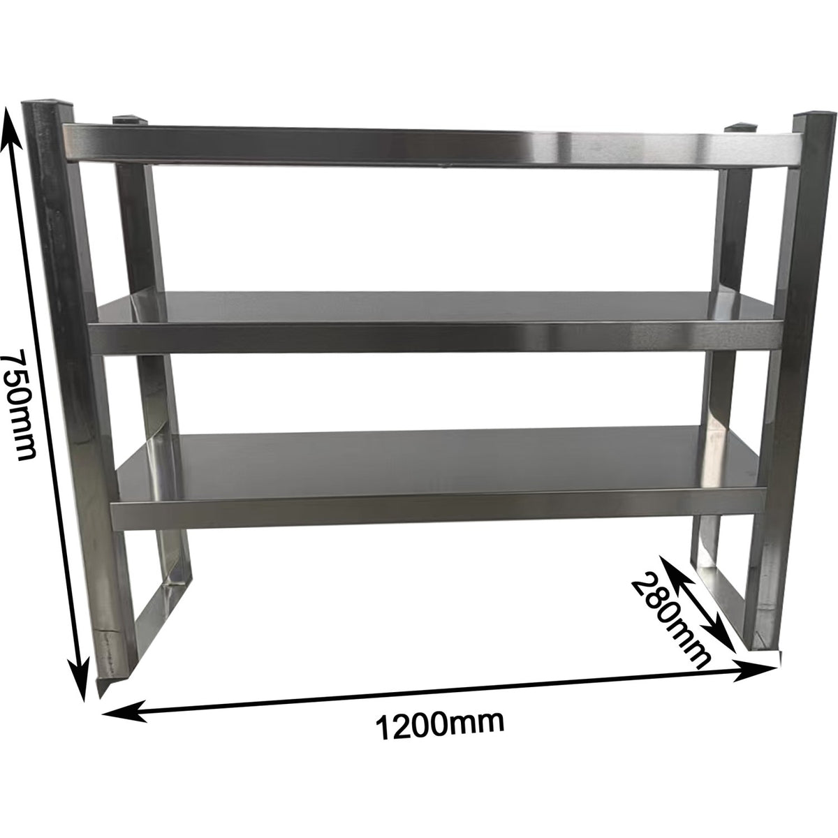 Triple Tier Overshelf with Square Tubing Stainless Steel 1200x280x750mm - QNH204