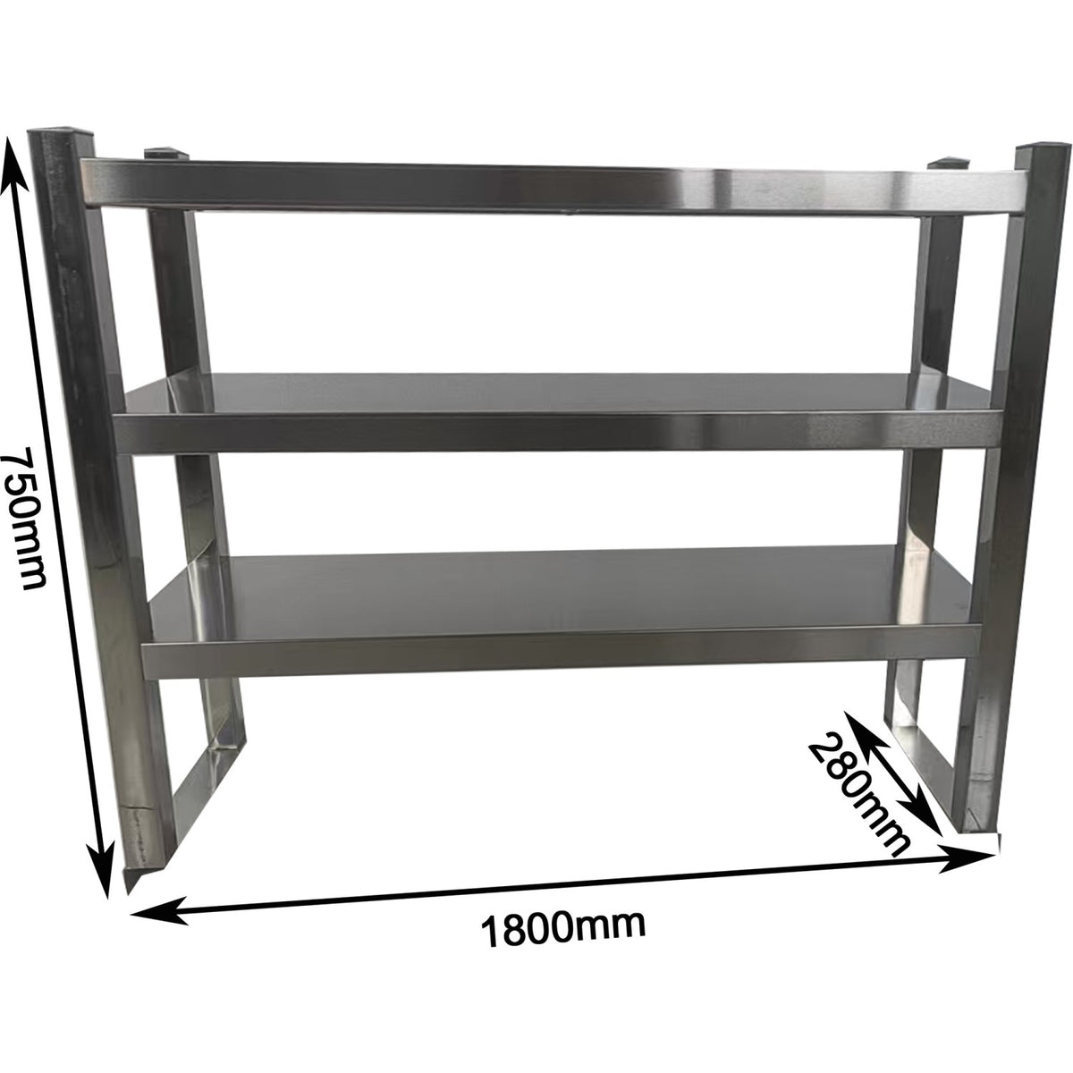 Triple Tier Overshelf with Square Tubing Stainless Steel 1800x280x750mm - QNH208