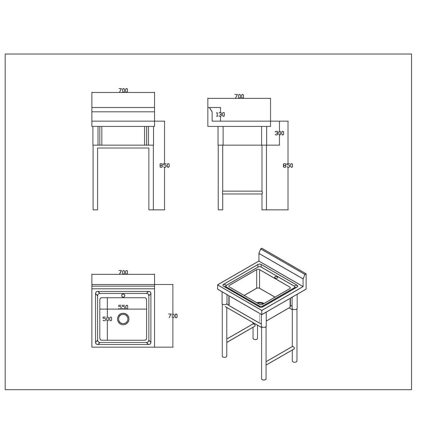 Commercial Stainless Steel Pot Wash Sink with Single Bowl and Splashback 700x700x850mm - QNH604
