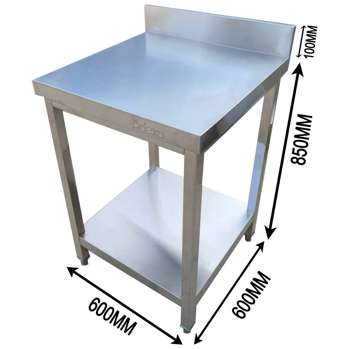 Commercial Stainless Steel 2 Tier Work Table with Splashback 600 x 600 x 850mm - QNH66031