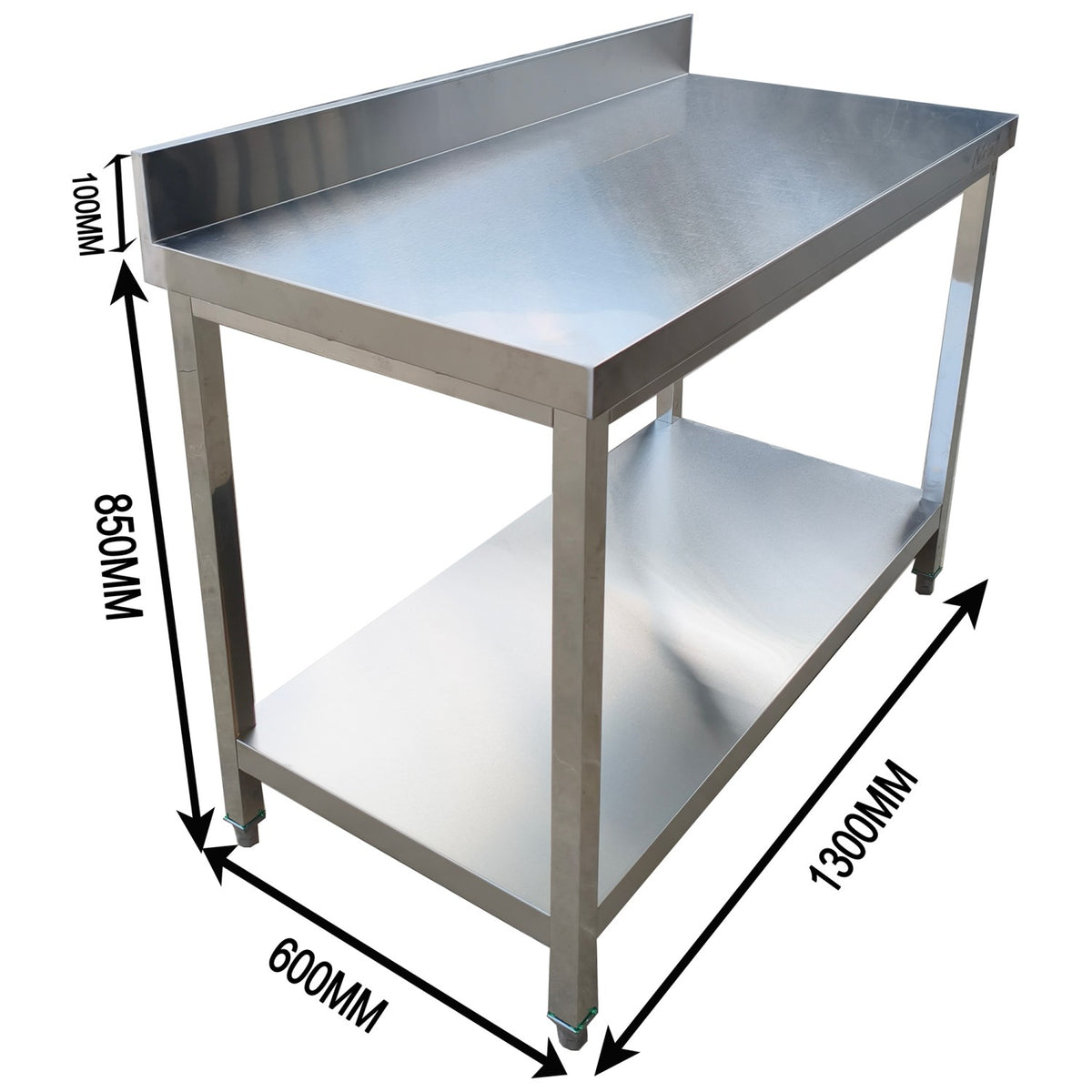 Commercial Stainless Steel 2 Tier Work Table with Splashback 1300 x 600 x 850mm - QNH66038