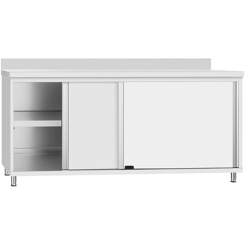 Commercial Stainless Steel Sliding Door Work Table Cabinet with Shelf and Backsplash 1600x500x950mm - QNH842