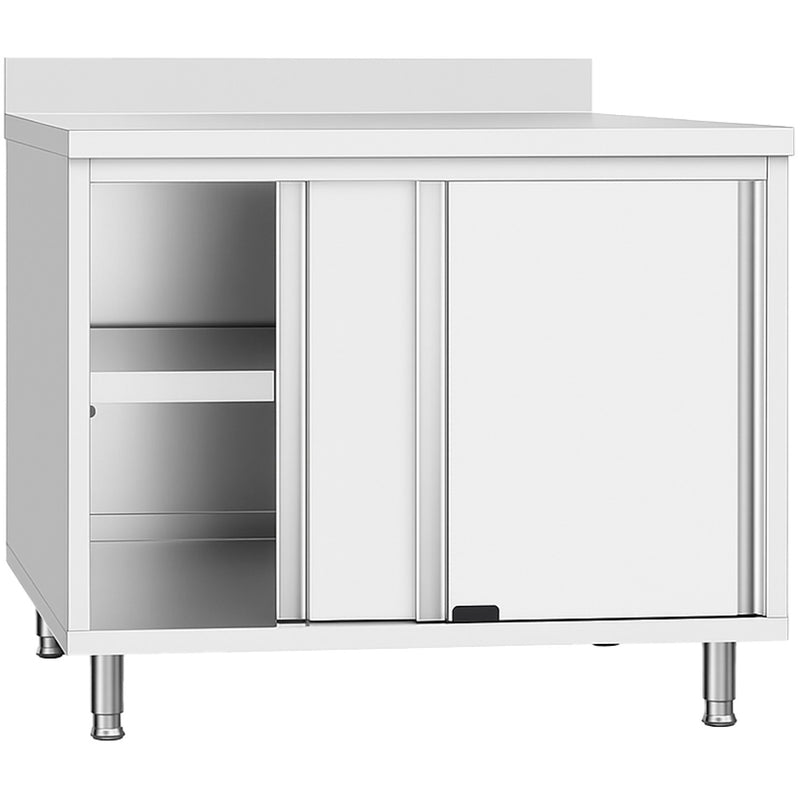 Commercial Stainless Steel Sliding Door Work Table Cabinet with Shelf and Backsplash 800x600x950mm - QNH810
