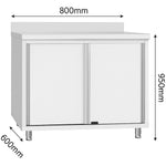 Commercial Stainless Steel Sliding Door Work Table Cabinet with Shelf and Backsplash 800x600x950mm - QNH810