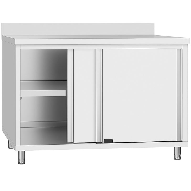 Commercial Stainless Steel Sliding Door Work Table Cabinet with Shelf and Backsplash 1000x600x950mm - QNH812