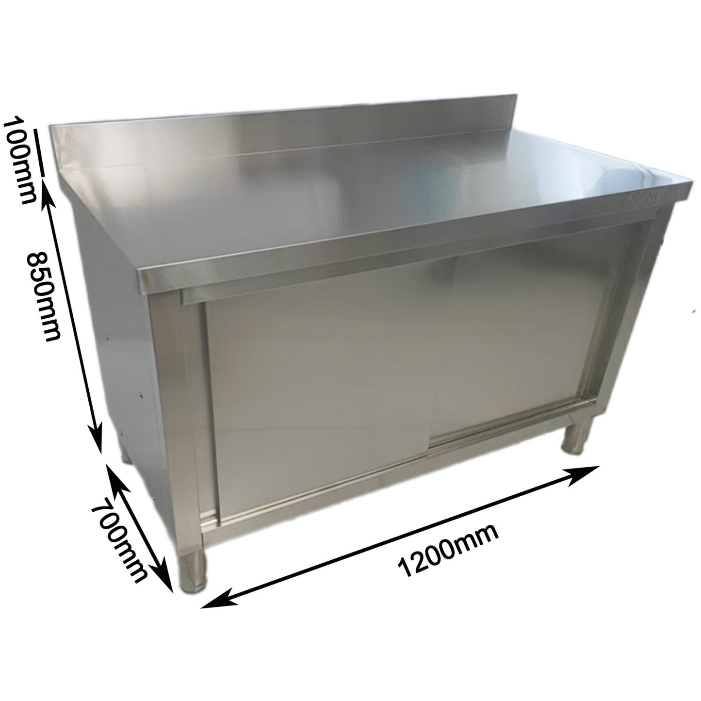Commercial Stainless Steel Sliding Door Work Table Cabinet with Shelf and Backsplash 1200x700x950mm - QNH824