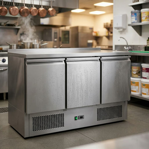 Contender 3 Door Refrigerated Prep Counter with Stainless Steel Top