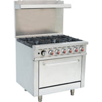 Professional Stainless Steel Gas Range Oven (8kW/hr) with 6 Burners (36kW/hr) and Removable Overshelf - RGR36X