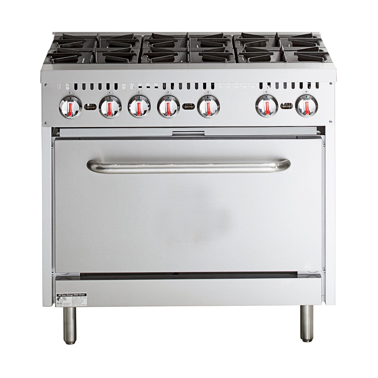 Professional Stainless Steel Gas Range Oven (8kW/hr) with 6 Burners (36kW/hr) and Removable Overshelf - RGR36X