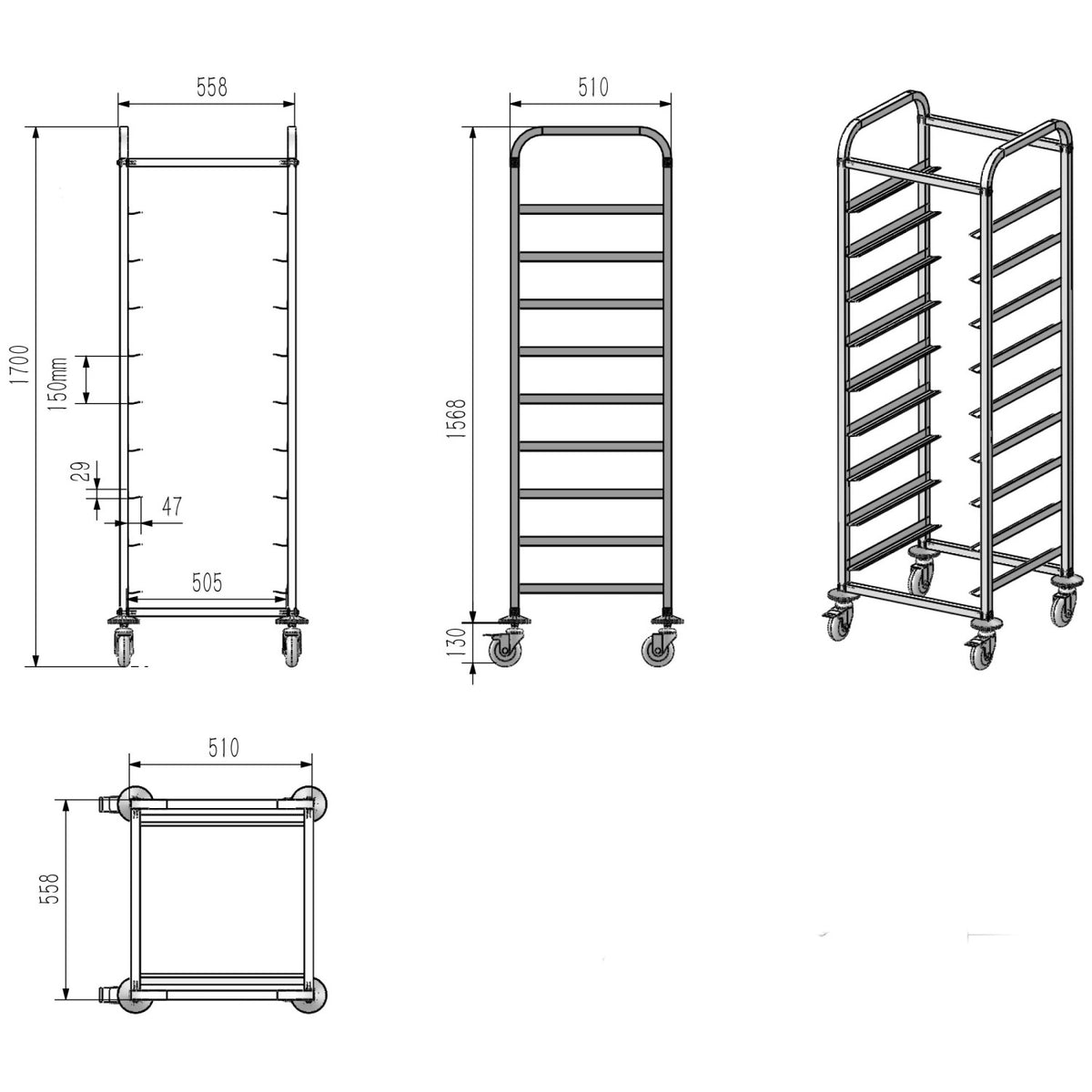 Commercial Dishwasher Basket Trolley Stainless steel 9 levels 550x510x1700mm - RT5509