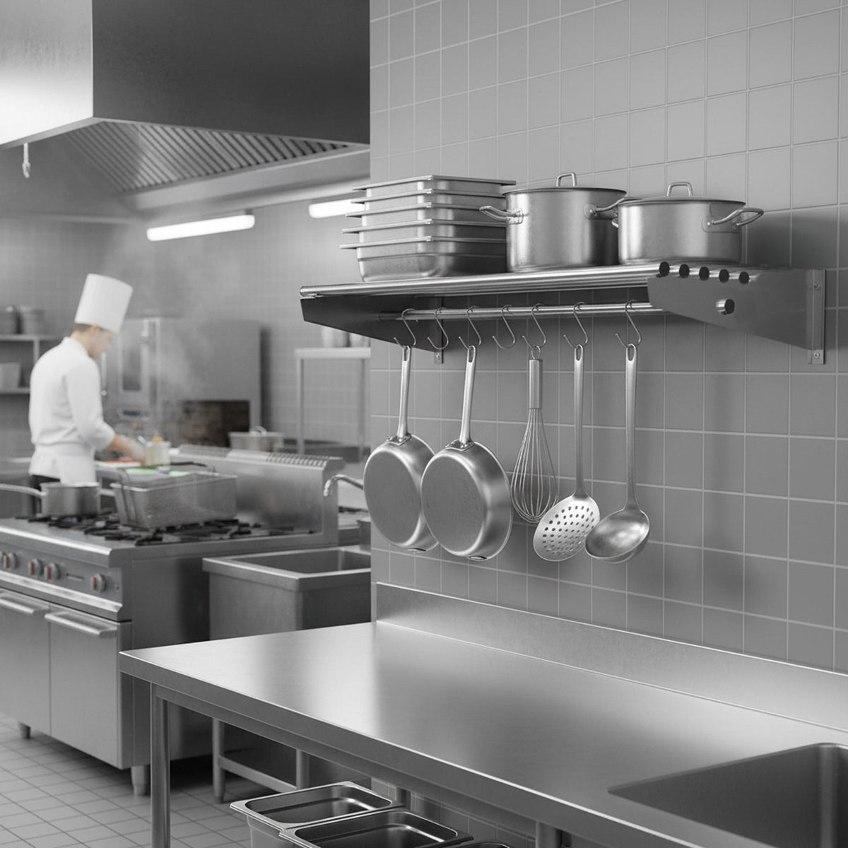 Commercial Stainless Steel Wall Mounted Rack 800×300×230mm 4+1 Tube with 6 S Hooks - RTW230080