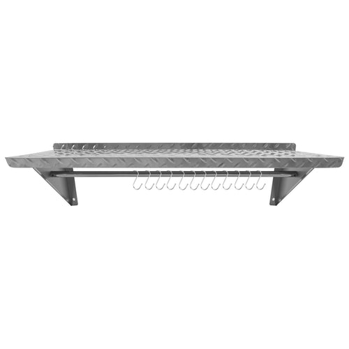 Commercial Stainless Steel Wall Mounted Non-Slip Shelf with Rail & 12 Hooks 1400 x 300 x 230mm - RTW3B1430