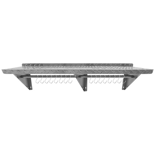 Commercial Stainless Steel Wall Mounted Non-Slip Shelf with Rail & 16 Hooks 1800 x 300 x 230mm - RTW3B1830