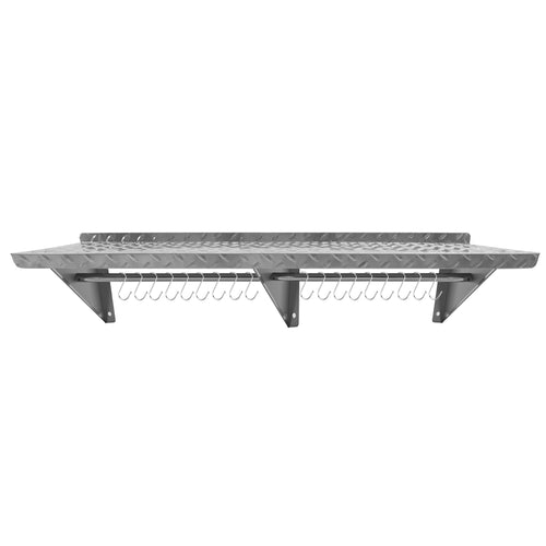Commercial Stainless Steel Wall Mounted Non-Slip Shelf with Rail & 18 Hooks 2000 x 300 x 230mm - RTW3B2030