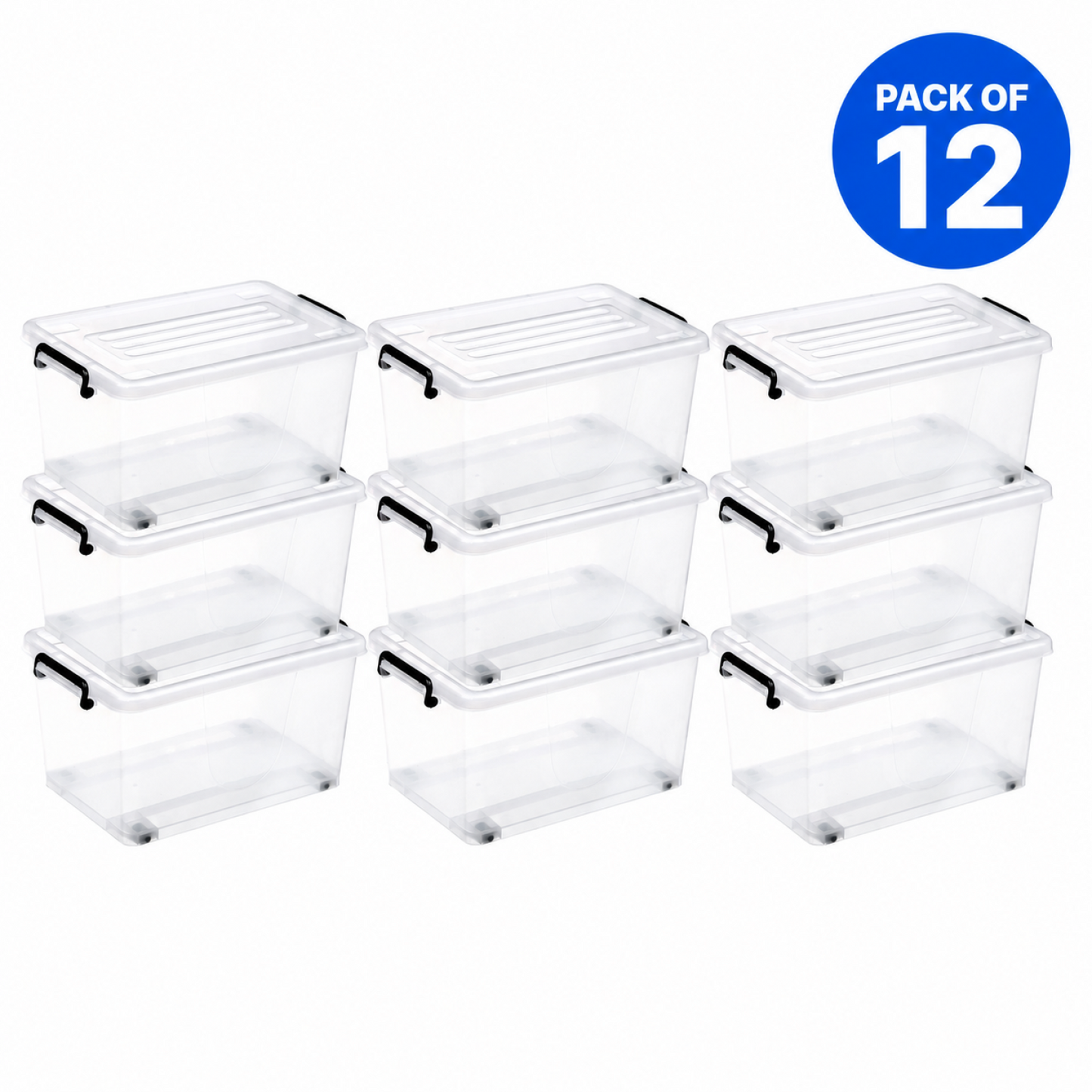 Pack of 12 Plastic Storage Box with Wheels & Lid & Clips 15 litre 400x295x208mm Polypropylene - S1015