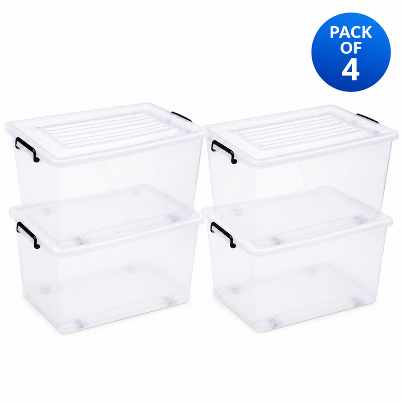 Pack of 4 Plastic Storage Box with Wheels & Lid & Clips 27 litre 465x337x258mm Polypropylene - S1027SETOF4