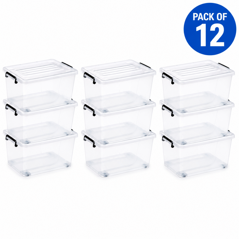 Pack of 12 Plastic Storage Box with Wheels & Lid & Clips 27 litre 465x337x258mm Polypropylene - S1027