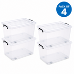 Pack of 4 Plastic Storage Box with Wheels & Lid & Clips 70 litre 630x433x355mm Polypropylene - S1070SETOF4