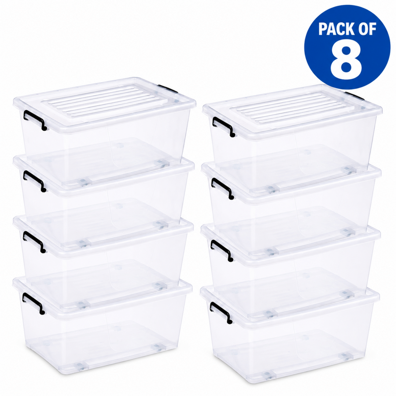 Pack of 8 Plastic Storage Box with Wheels & Lid & Clips 70 litre 630x433x355mm Polypropylene - S1070