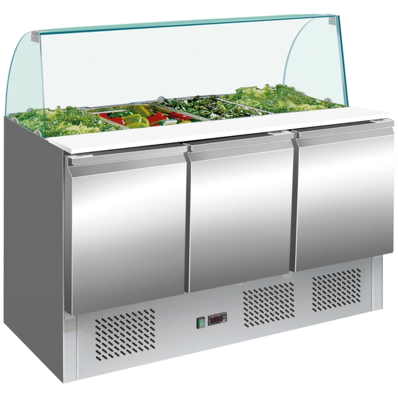 Saladette Prep Counter with Glass top 1365x700x1350mm 3 doors - THS903CG