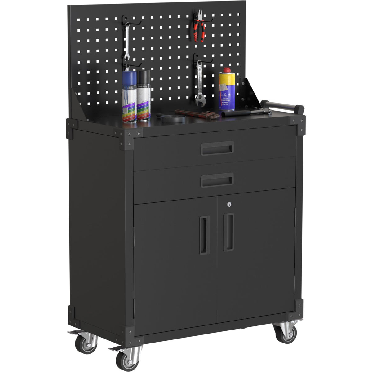 Professional Mobile Black 2 Door 2 Drawer Pegboard Steel Tool Cabinet 800x420x1320mm - SART224