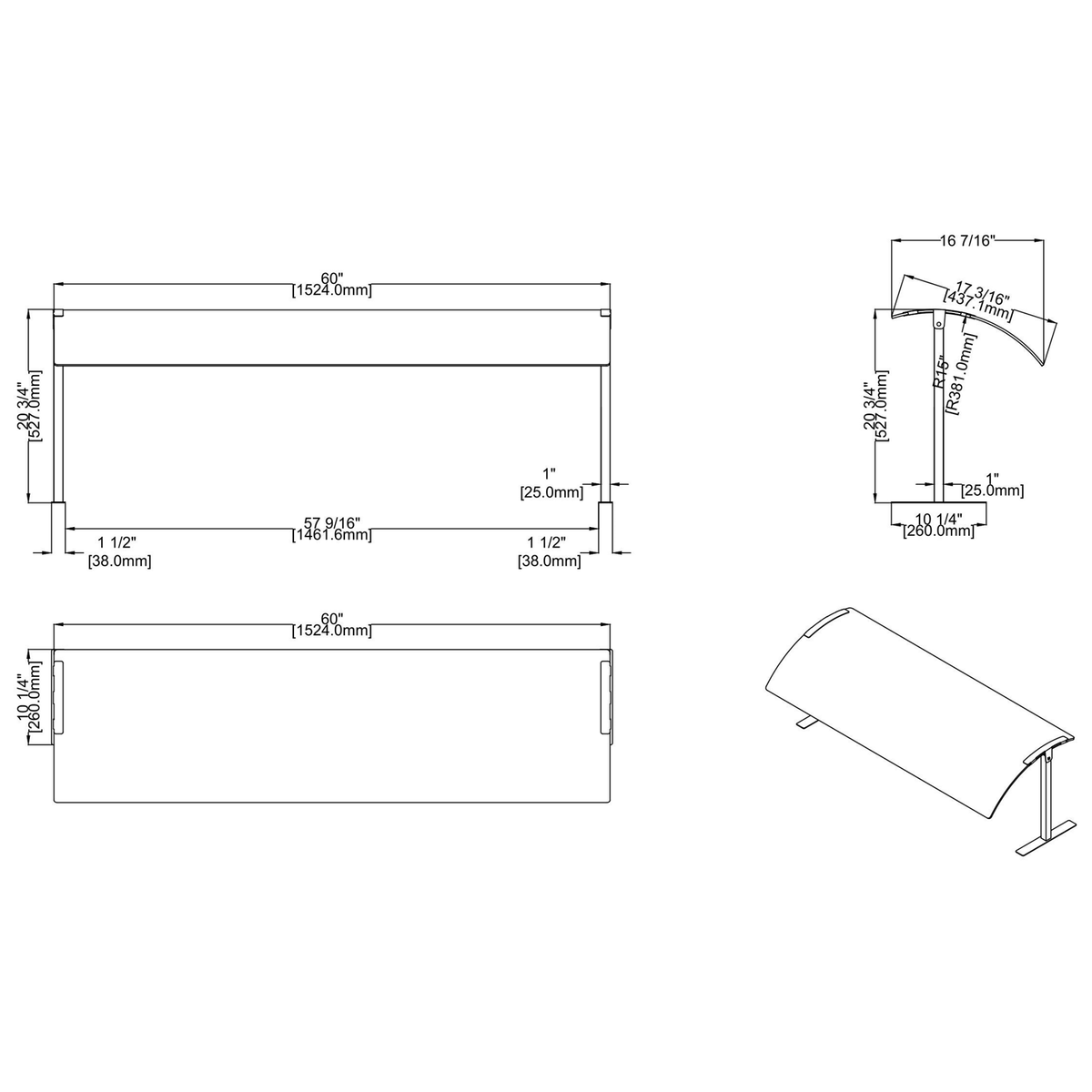 Acrylic Stand alone Sneeze guard with Stainless steel frame 1524x417x527mm - SASG1660