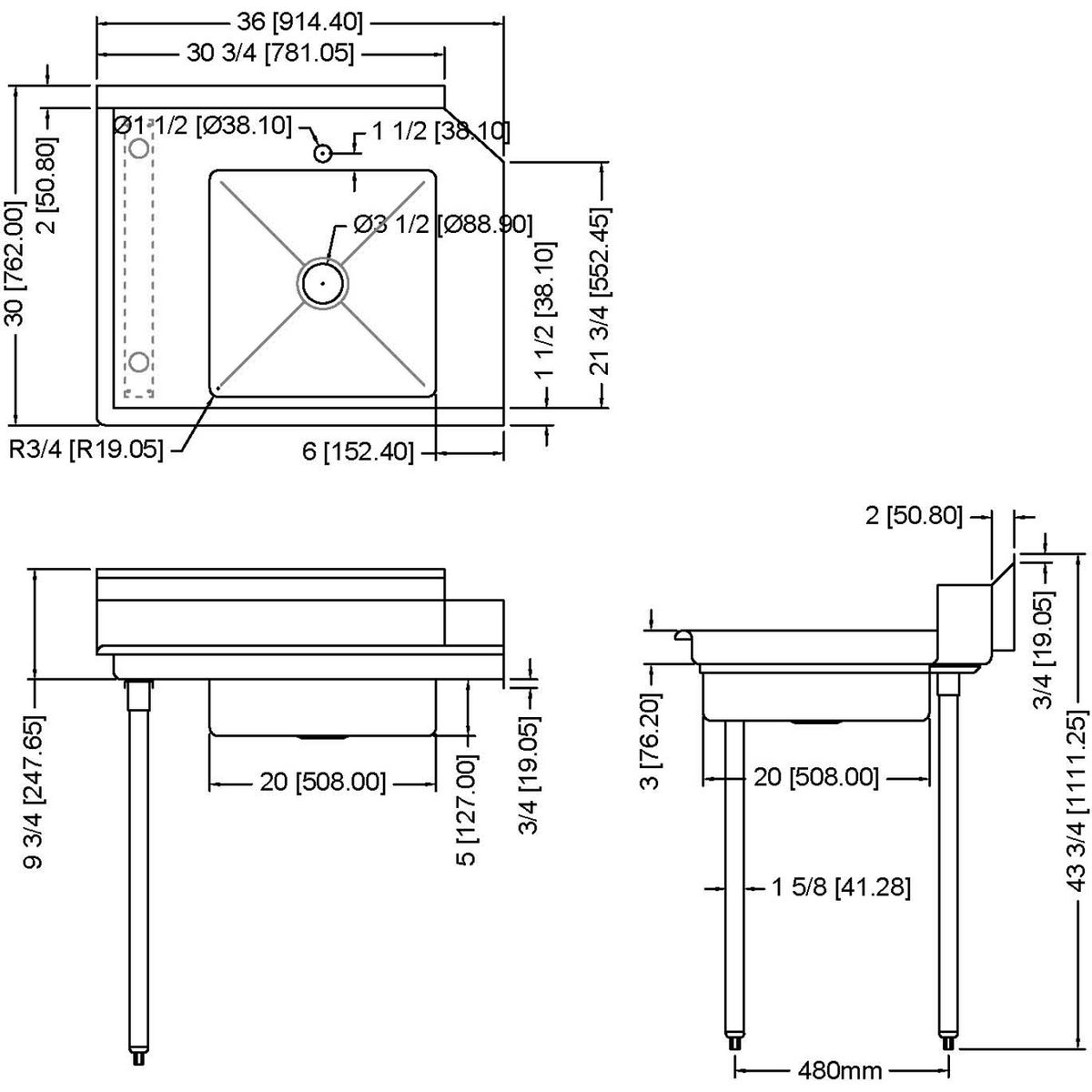 Commercial Stainless steel Pass Through Dishwasher Table with Sink Left 914mm Width - SDT36L